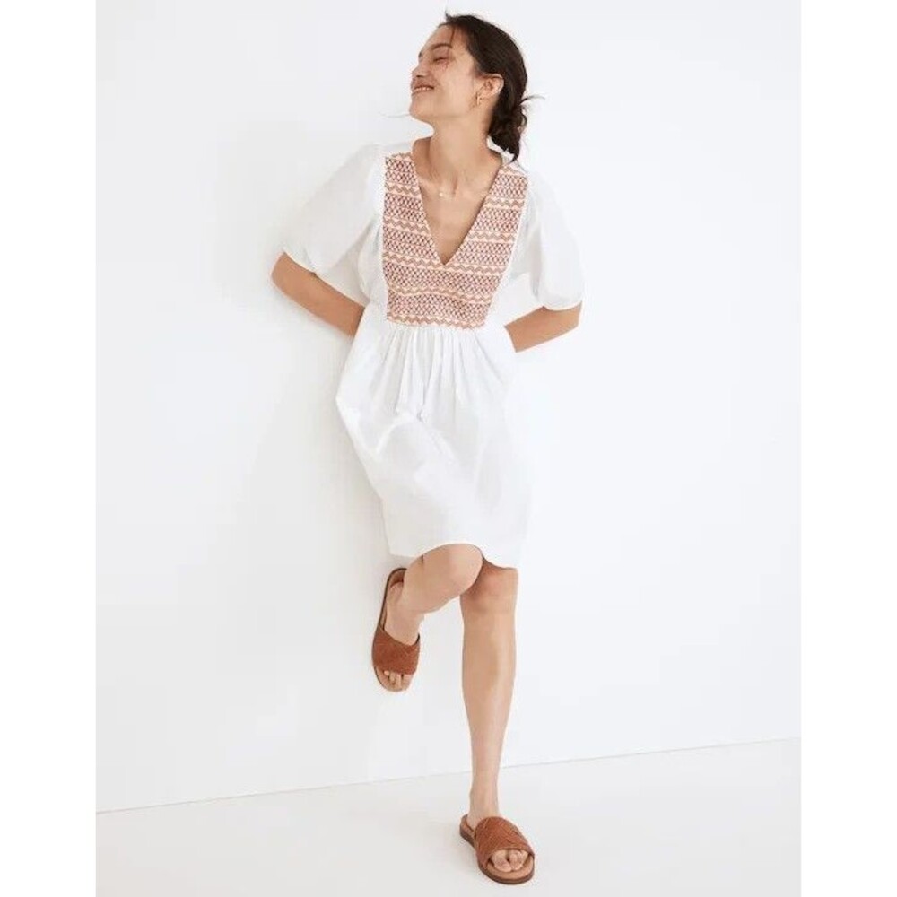 MADEWELL Embroidered Poplin V-Neck Mini Dress XXS White Puff Sleeves NWT B3